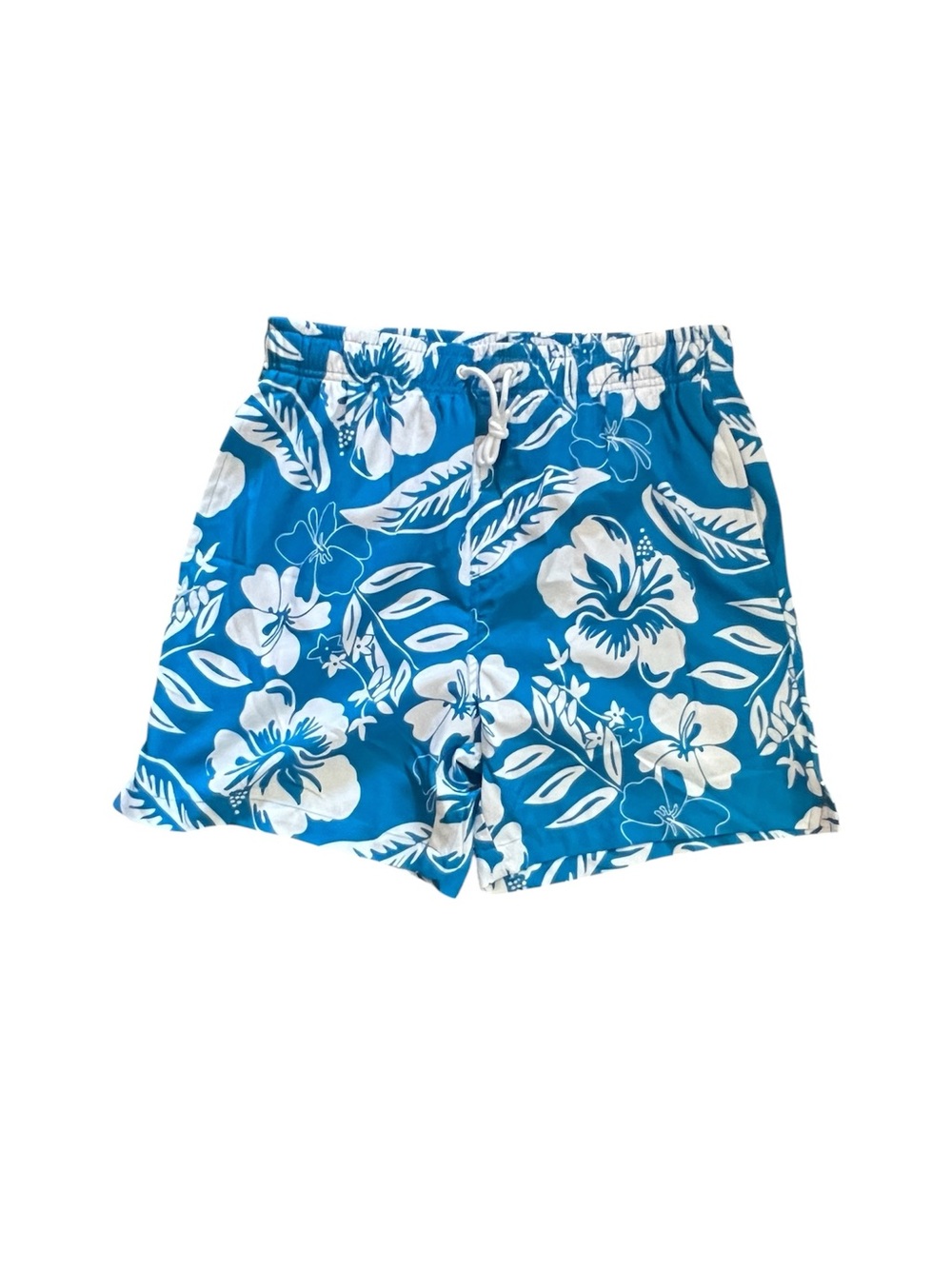 Marina West blue & white Hawaiian floral swim shorts with white hibiscus flowers